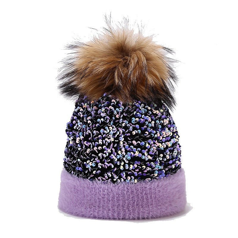 Wholesale Dyed Raccoon Fur Ball Sequin Warm Knitted Hat
